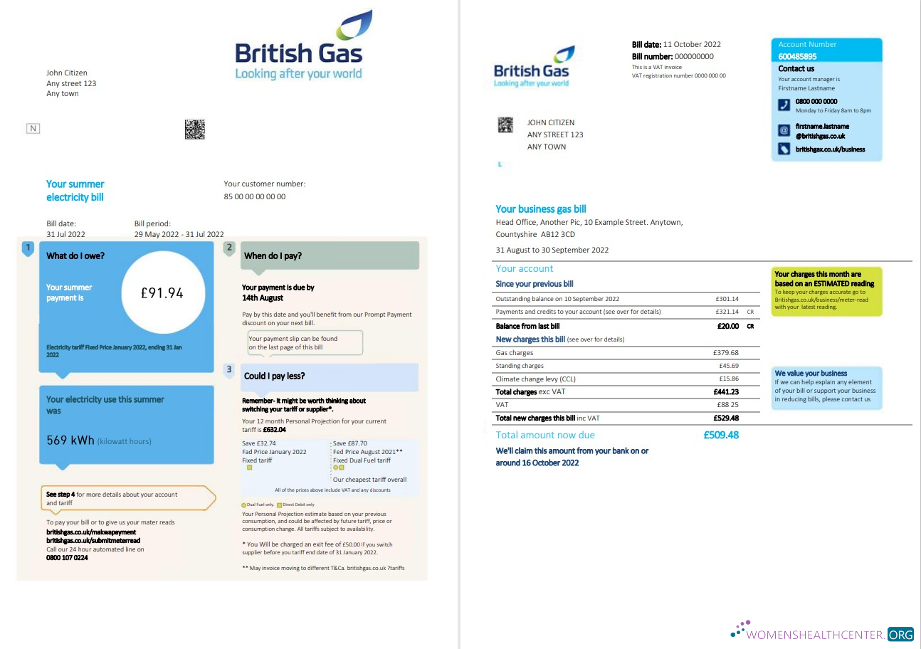 download download United Kingdom British Gas bill, Word and PDF template, 2 pages PDF template PDF template